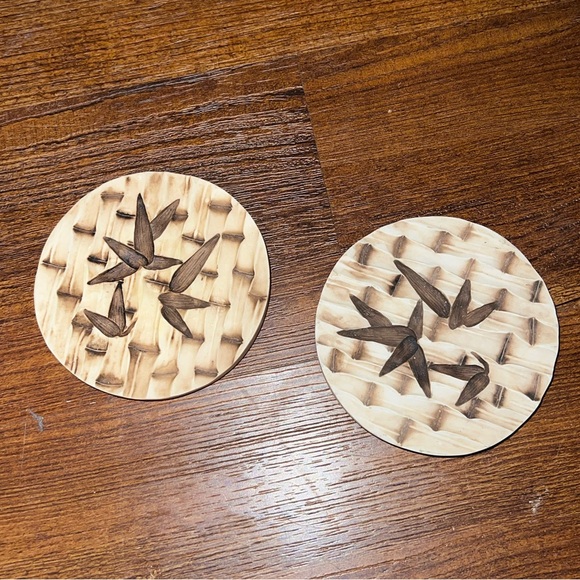 Tan Cream Wooden Carved Coasters Set Of 2 - Picture 2 of 8